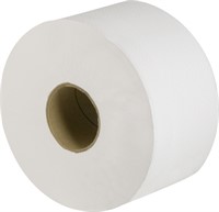 En tjock toalletrulle, vitt toalletpapper, hål i mitten av rullen.