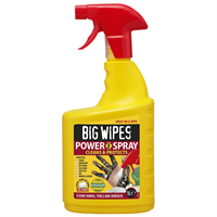Power spray - En gul sprayflaska med rött munstycke. En ettiket på framsidan med logo med vit text.