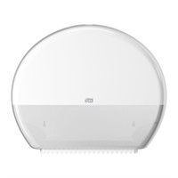 En dispenser för toalletpapper, den är rund med vit färg. Har logo mitt på där det står Tork.