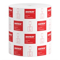 En tjock rulle med handtorkpapper. Har skyddspapper runtom, är röd/vit rutig med KATRIN logo på .