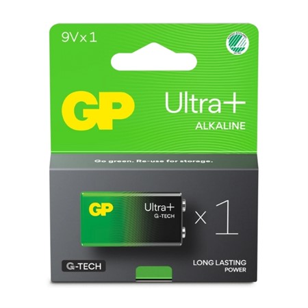En fyrkantig förpackning  med batteri inuti, förpackningen är grön och svart i färgen.