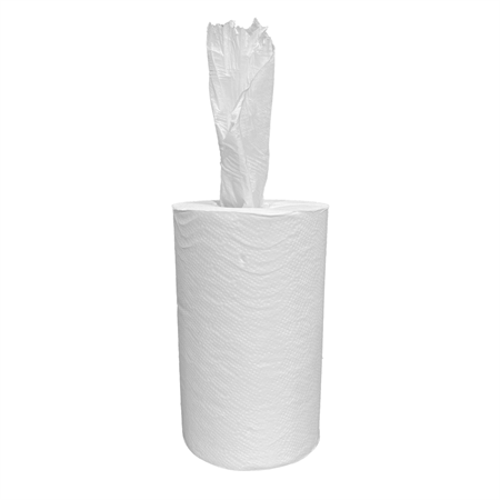 En avlång handtorkspapper, vit i färgen, på toppen är lite papper utdraget.